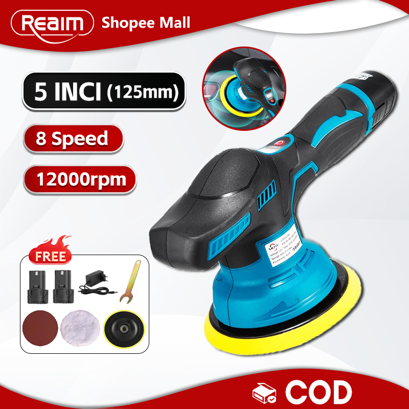 REAIM Mesin Poles Mobil 5inch Mesin Polisher 6800rpm Cordless Machine baterai Alat Poles Body 125mm 