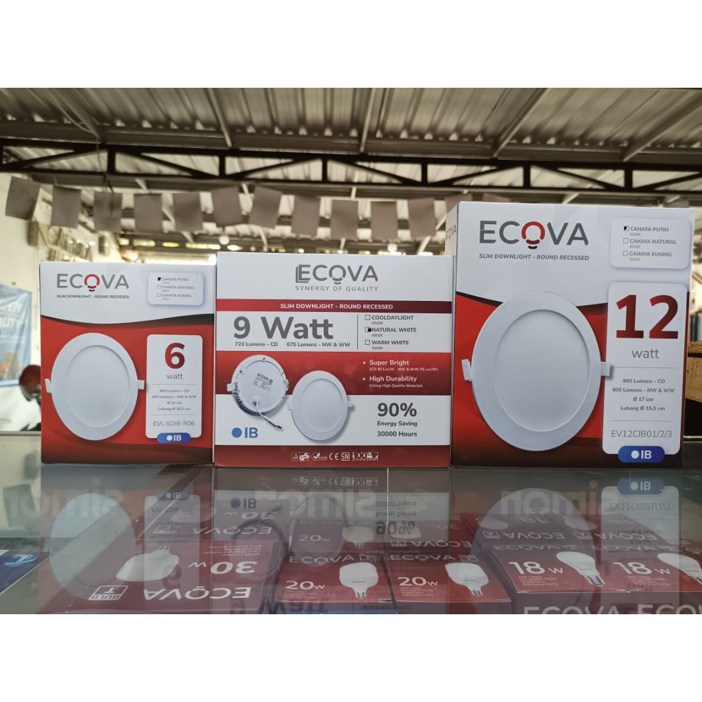 ECOVA Lampu LED Slim Downlight BULAT  SNI 6Watt,9Watt,12Watt 6500k & 4000k