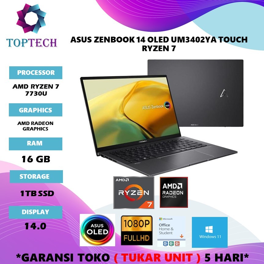 LAPTOP ASUS ZENBOOK 14 OLED UM3402YA TOUCH AMD RYZEN 7 7730 RAM 16GB 1TB SSD WINDOWS 11 14.0 2.8K