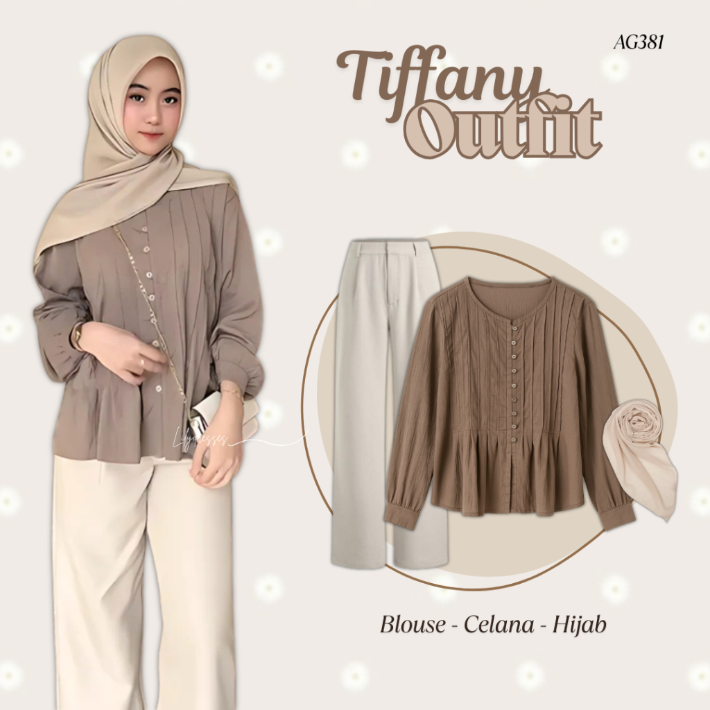 Lilydresses - 3in1 Set Outfit Korean Style Wanita Remaja Kekinian l Blouse Mahogany - Celana - Hijab