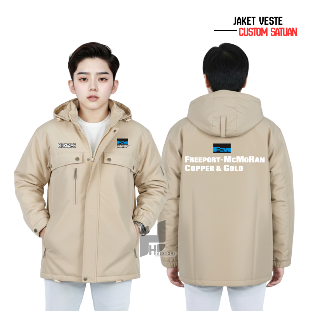 Custom Jaket Veste Logo PT Perusahaan Tambang Freeport Indonesia Sablon Dtf Bisa Satuan