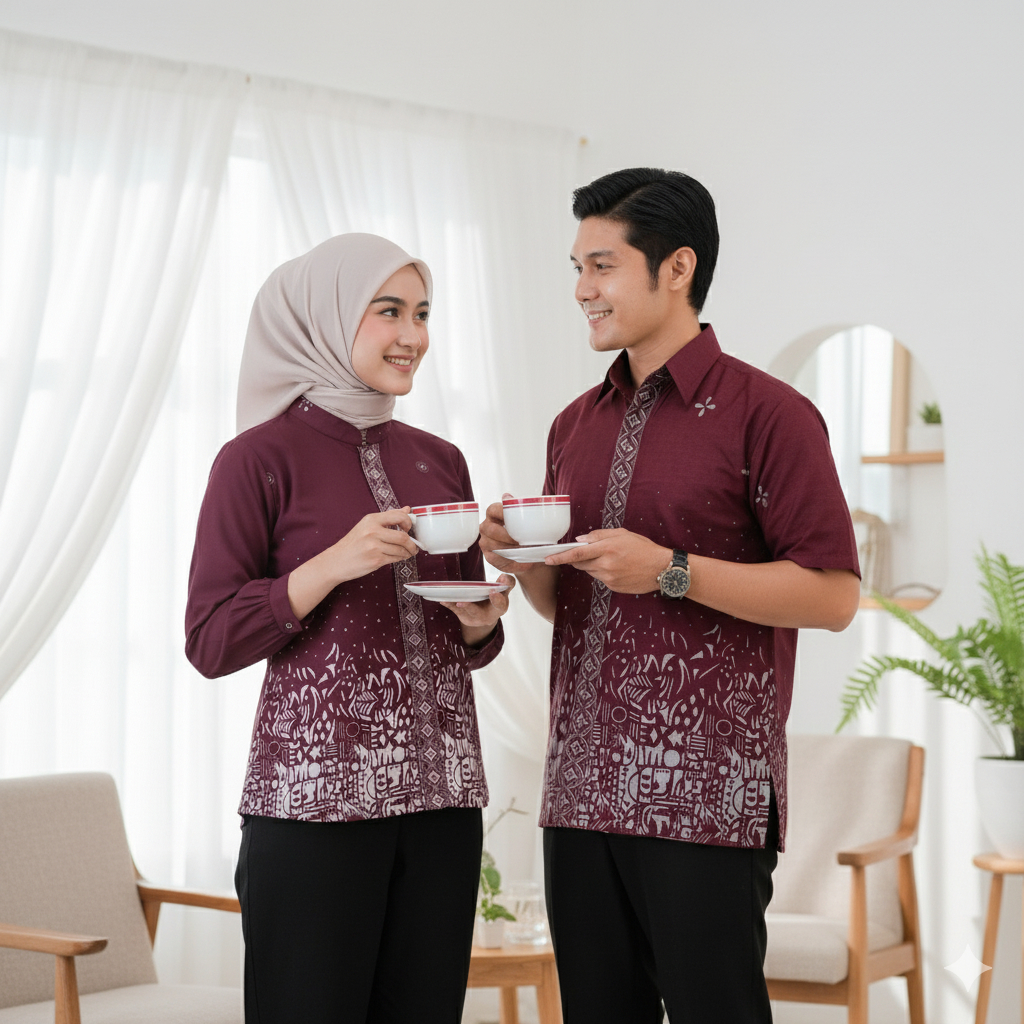 Sutena Baju Batik Wanita Modern Lengan Panjang Couple Blouse Wanita Dan Hem Batik Pria