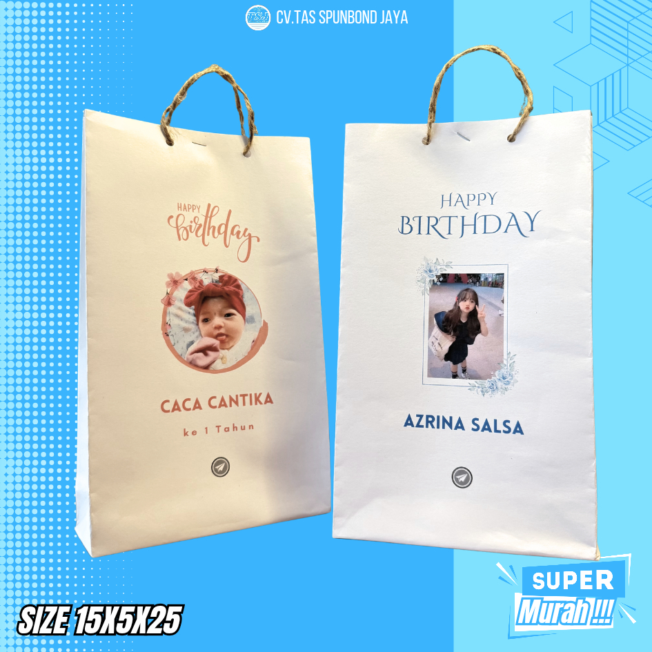 

Paper Bag Goodie Bag Acara Ultah Anak Free Custom Foto dan Nama Desain Unik Bahan Kuat Estetik Muat isi Jajan Snack 15x5x25 Putih