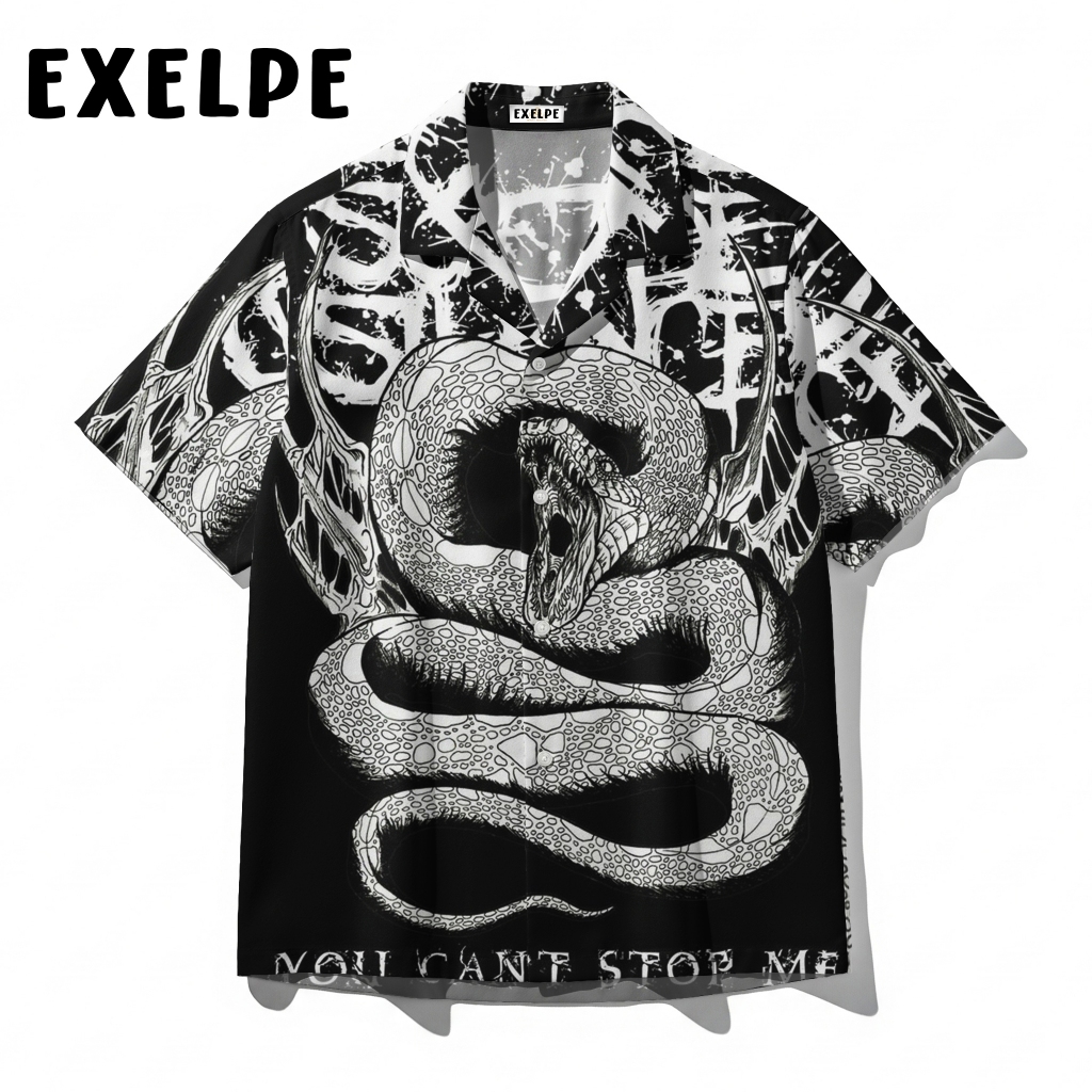 EXELPE Kemeja Hitam Putih Motif Ular Band Sucide Silence Gothic Metal
