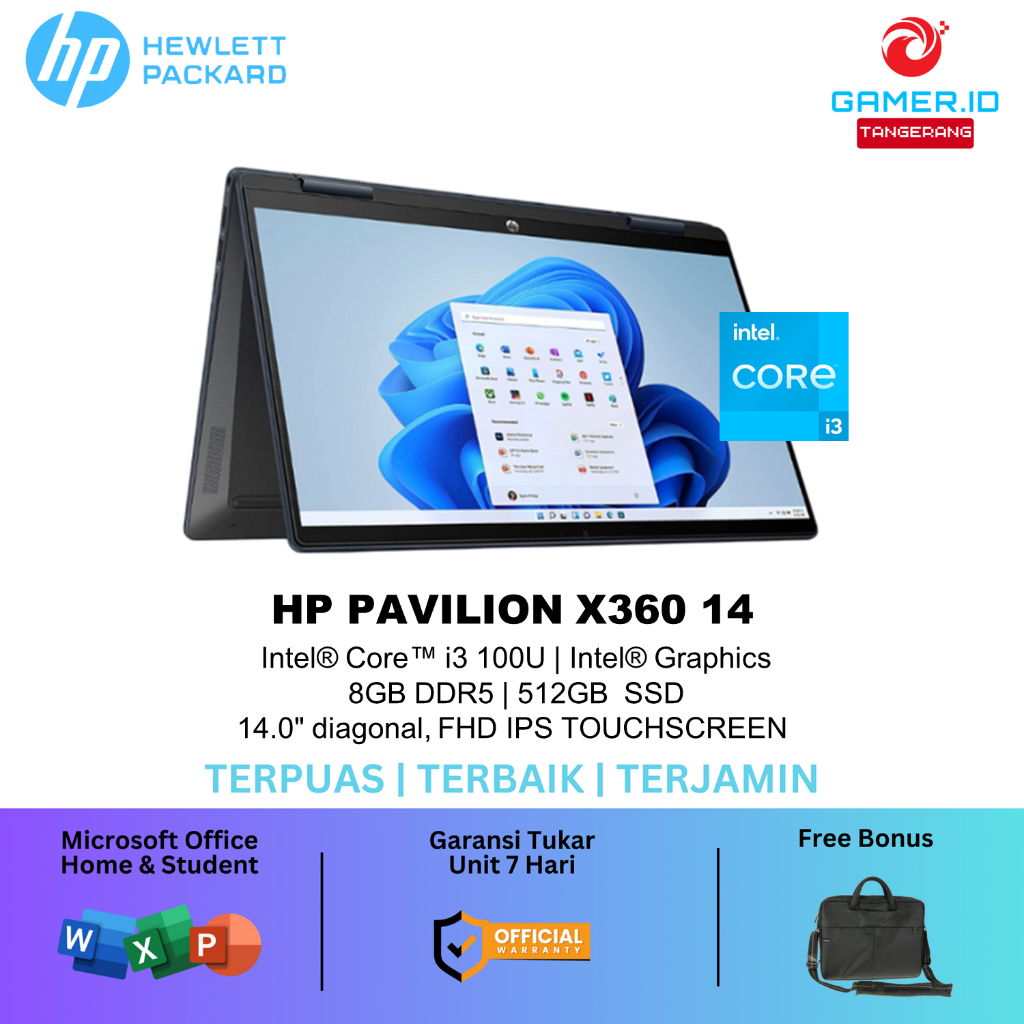 Laptop Touchscreen Hp Pavilion X360 14 Intel Core i3 100U 8GB 512GB 14.0 Full HD IPS Win 11 + OHS - 