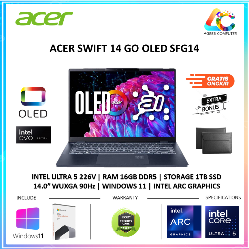Laptop Acer Swift Go Oled SFG14-75-5664 Intel Ultra 5 226V 16GB 1TB W11+OHS+M365B 14.0" WUXGA 90HZ I