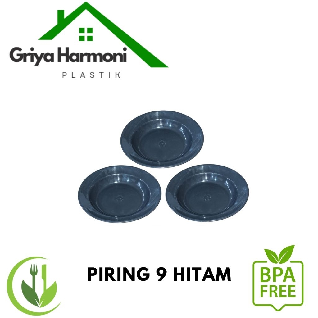 (12 PCS) PIRING 9 HITAM - PIRING MAKAN PLASTIK POLOS - PIRING WARNA HITAM PLASTIK TEBAL