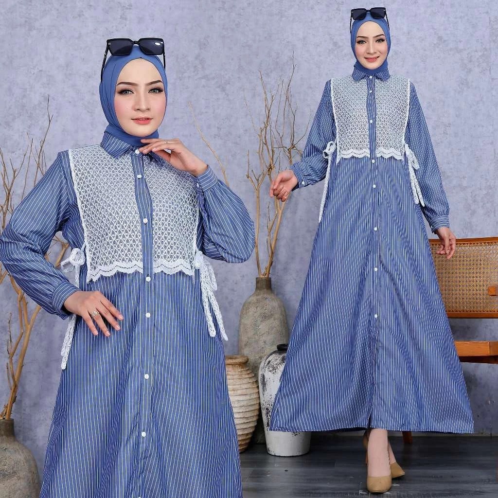 Zarra Midi Dress Salur Mix Brukat | Dress Korean Style | Midi Dres Salur Full Kancing