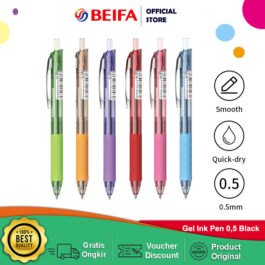 

Beifa Pulpen Gel GP822A – Retractable Gel Pen 0.5mm, 6 Warna, Nyaman Digenggam, Tinta Halus