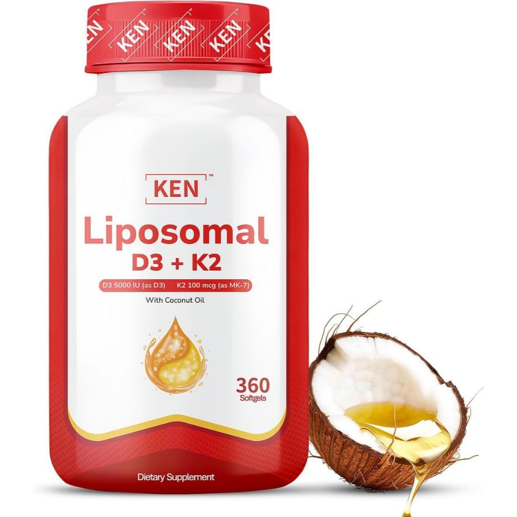 KEN Liposomal Vitamin D3 5000 IU + K2 (MK7) 100mcg, Non-GMO 360 Halal Bovine Softgels
