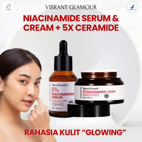 VIBRANT GLAMOUR Paket Niacinamide Serum + Cream 2pcs 5%+8% Niacinamide Mencerahkan Kulit Menghilangk
