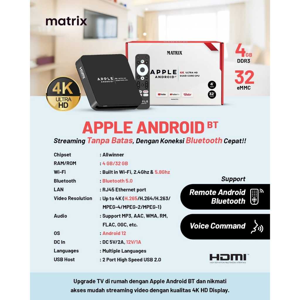 MATRIX Apple Android TV Box BT - TV Box Android 12 I Ram 4gb
