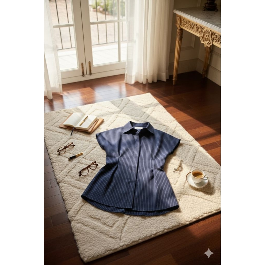 BLOUSE atasan wanita model elegant dengan motif pinstripe (garis garis halus putih)