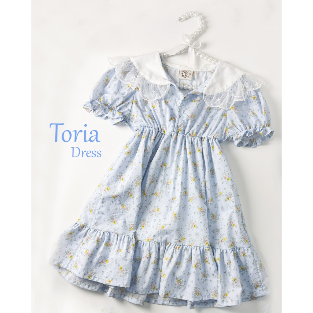 Toria Dress - Dress Anak Perempuan Kerah Lebar Renda Lengan Balon