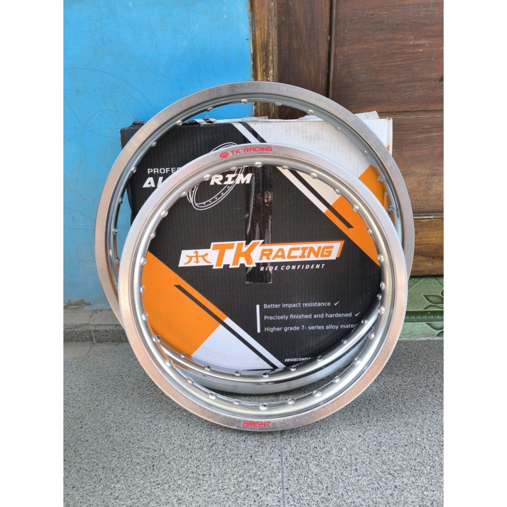 VELG TK RACING 16 19 LUBANG 28 SET DEPAN BELAKANG WARNA TITANIUM DAN SILVER DEPAN UKURAN 160 DAN BEL