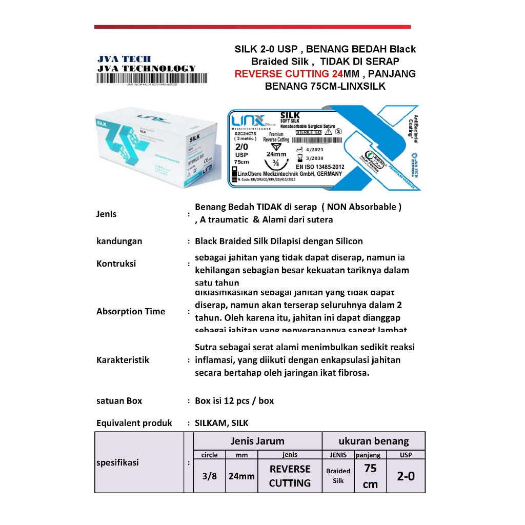 SILK 2-0 USP , BENANG BEDAH Black Braided Silk , TIDAK DI SERAP REVERSE CUTTING 24MM , PANJANG BENAN