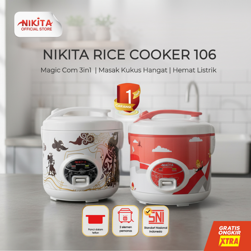 Nikita Rice Cooker 106 – Magic Com 3in1 | 1L | Teflon | Masak Kukus Hangat|Nasi Matang|Hemat Listrik