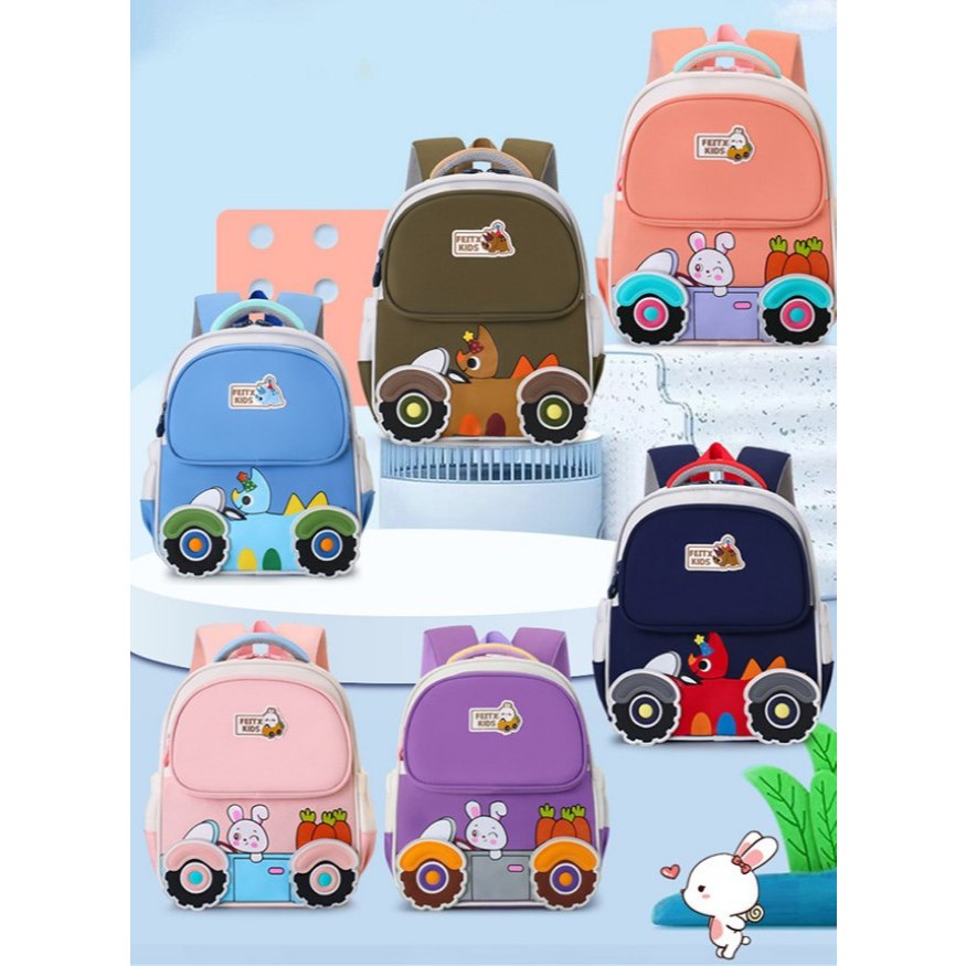 Tas Sekolah Anak - Ransel PAUD TK Motif Mobil Dino Bunny Timbul Lucu