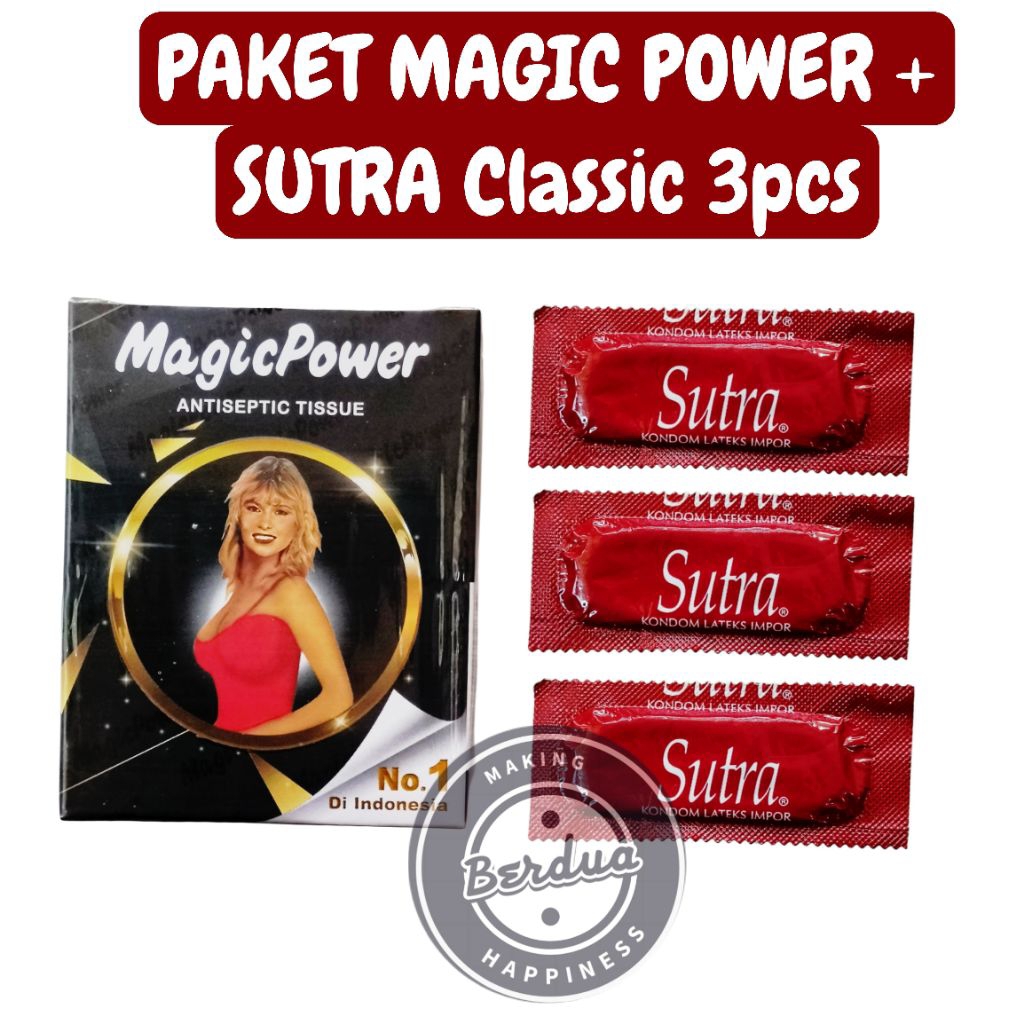 Paket Tisu Magic Power 1 Pack isi 6pcs + Kondom Sutra Classic 3pcs Loosepack