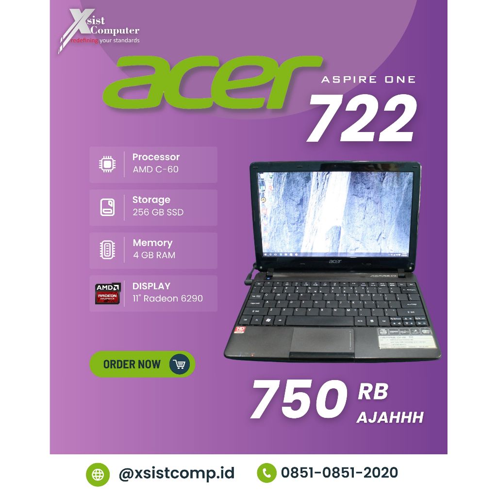 Acer Aspire One 722 4GB DDR3 SSD 256GB AMD C-60 Laptop Notebook Mini Second Murah