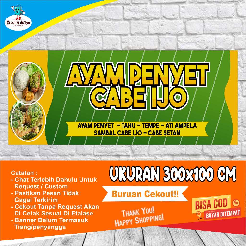 cetak spanduk banner ayam penyet sambel ijo free desain 300x100 cm