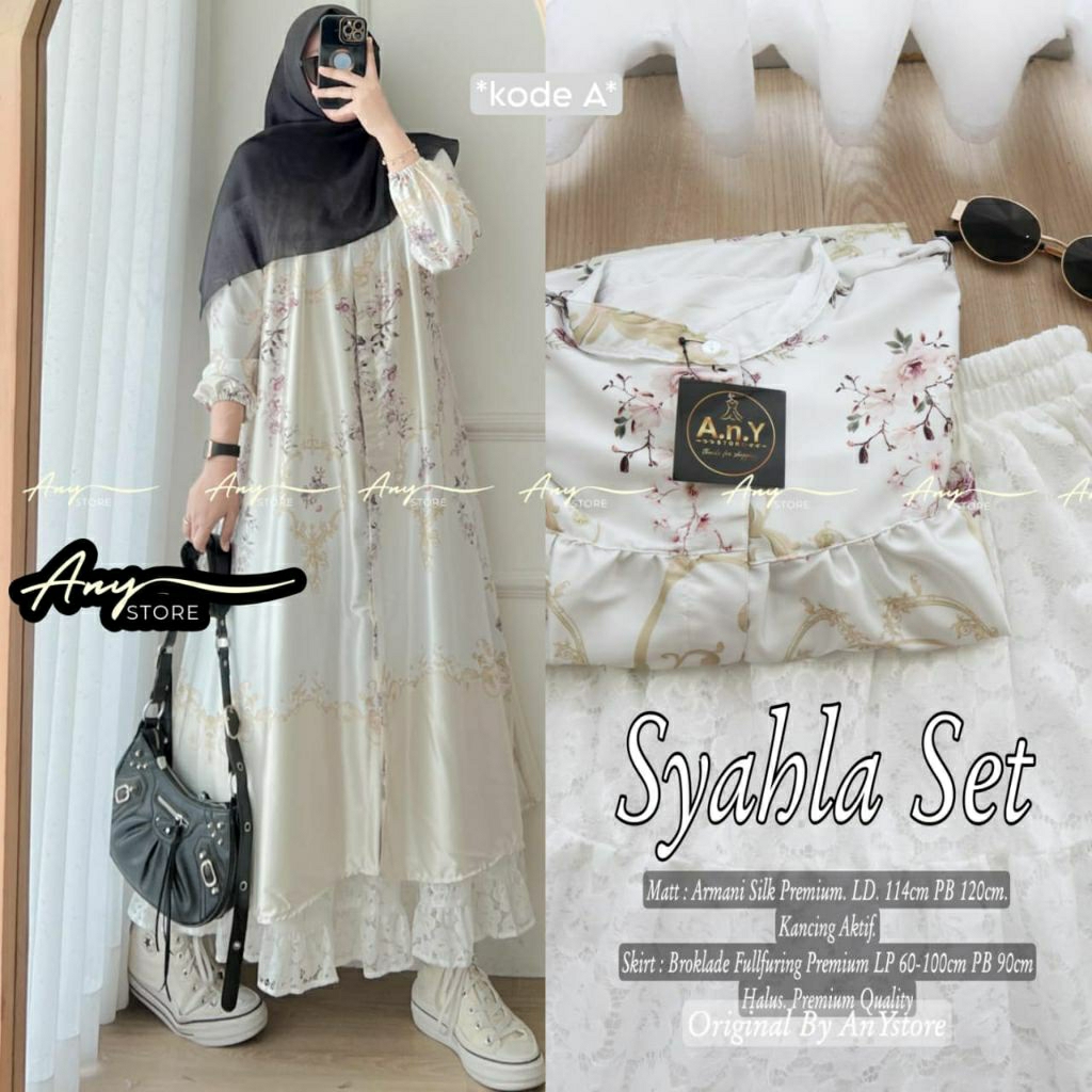 Syahla set long tunik armani silk motif bunga kancing aktif