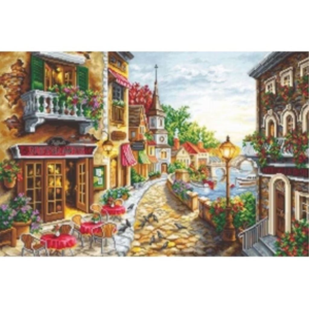 DIY CROSS STITCH PEMANDANGAN CAFE EROPA PARIS ITALY POLA KAIN KRISTIK 14CT
