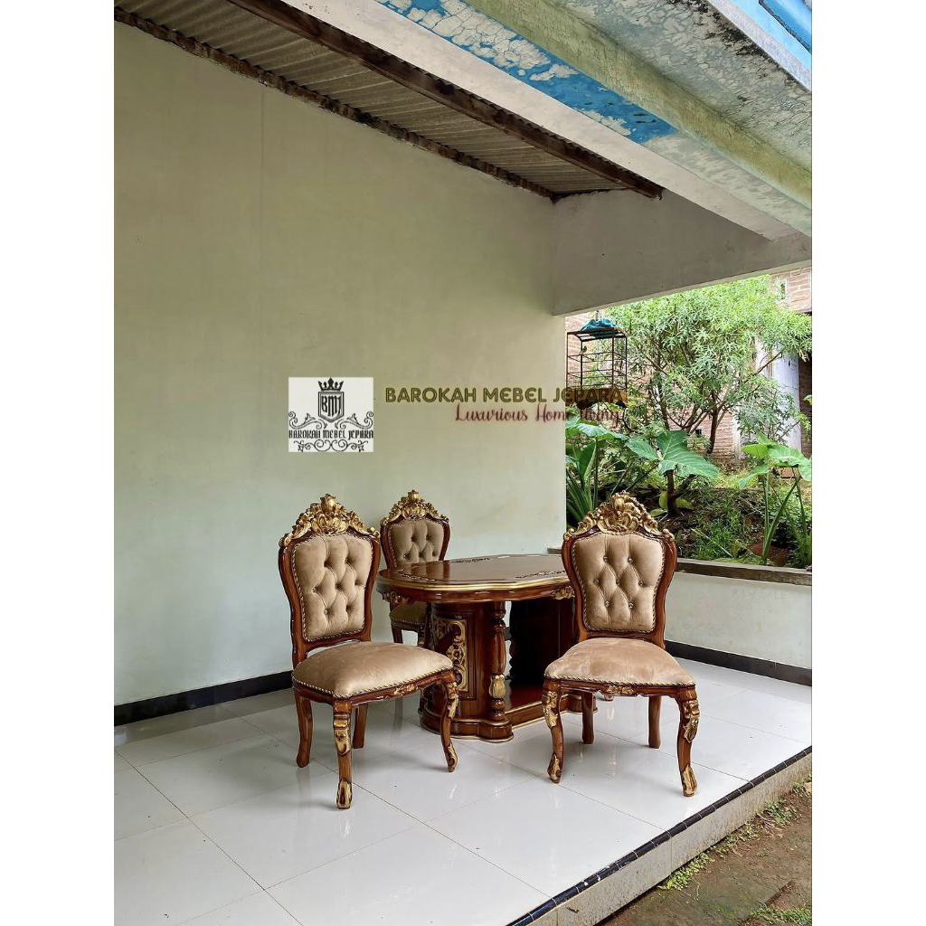 meja makan 4 kursi jati kursi ganesha , kursi makan busa jati ukir , meja makan terbaru salina kursi