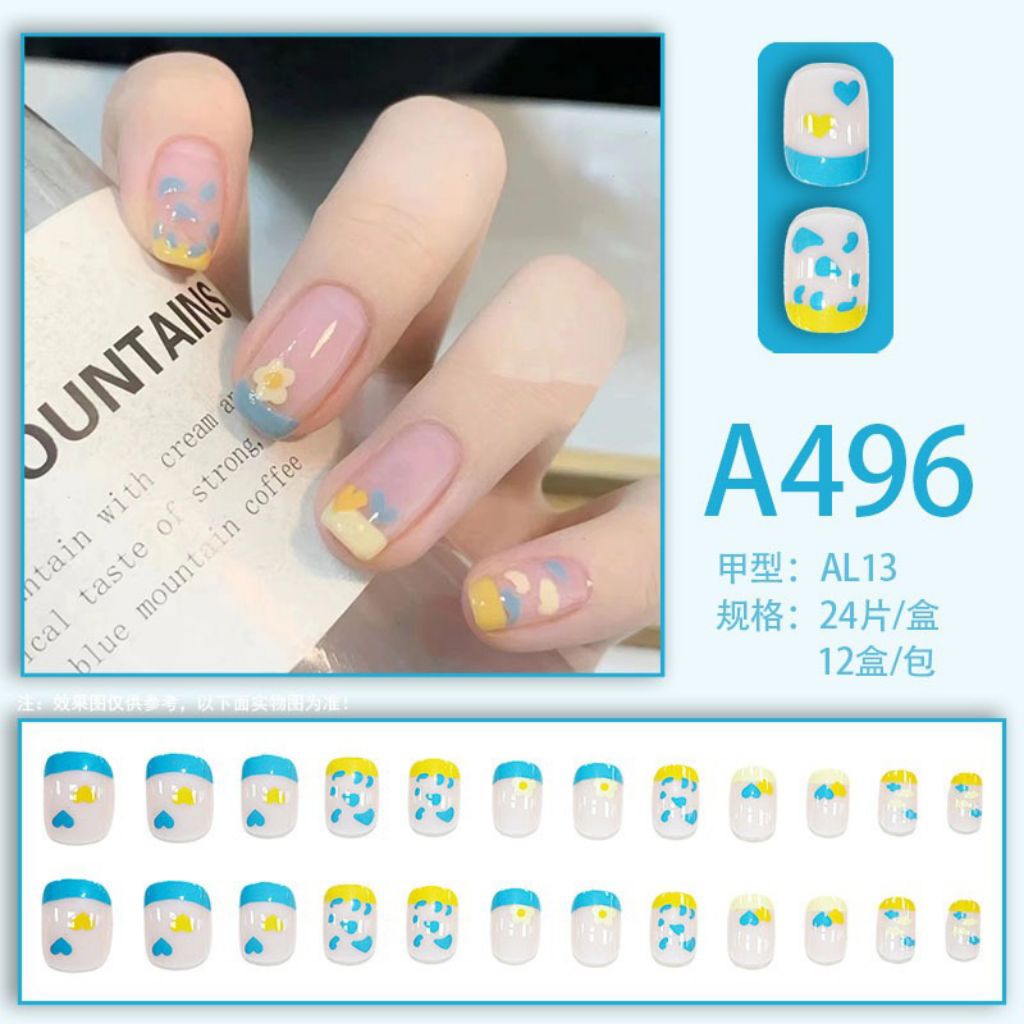 ( Beerrysaa ) 24 PCS KUKU PALSU + LEM Motif leopard biru bunga | Fake nail korean style | kuku palsu