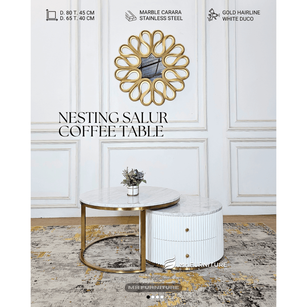 meja nesting bulat salur putih mix stainless gold top marmer full carrara uk d 80 & 65 cm