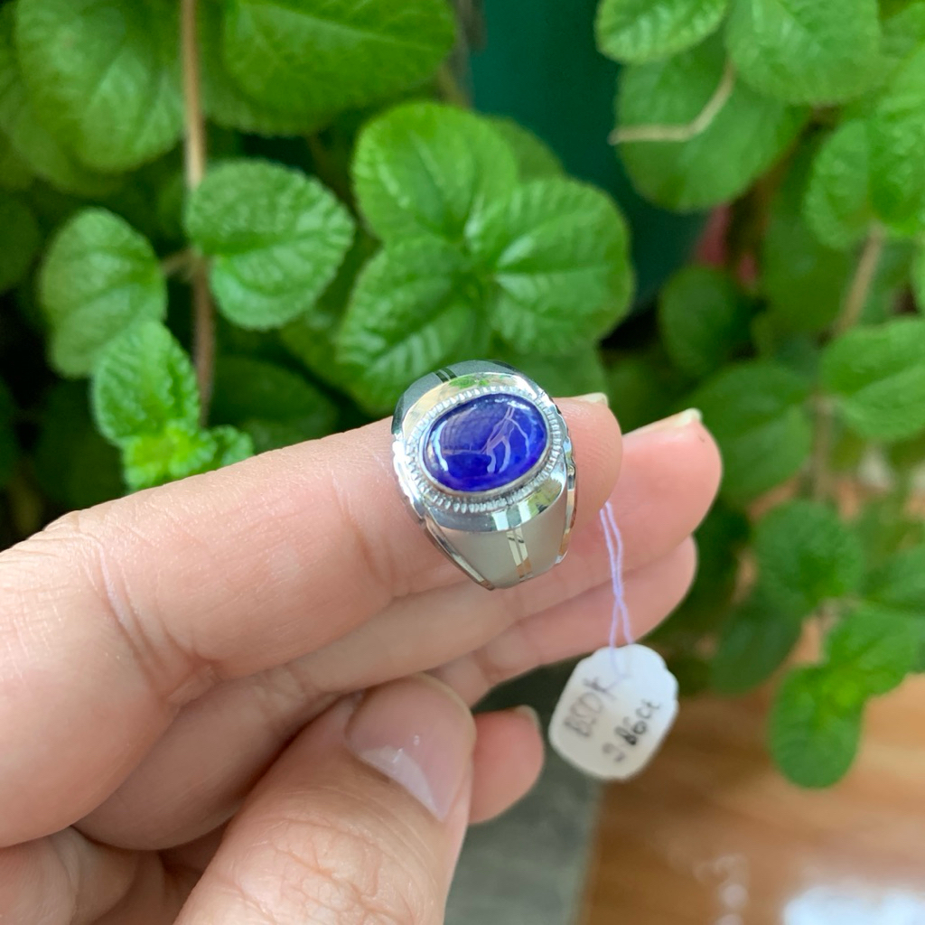 Cincin Batu Natural Royal Blue Sapphire Cabochon Memo Safir Biru Ring Monel Doff Handmade Size 5,5