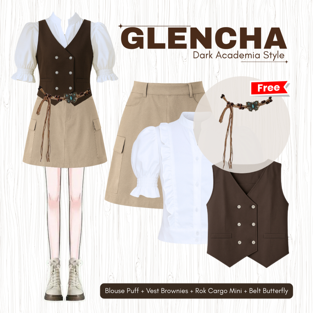 [Non Hijab] Glencha Dark Academia Style | Set Vest + Blouse + Rok Cargo + Belt Butterfly | Chiky077