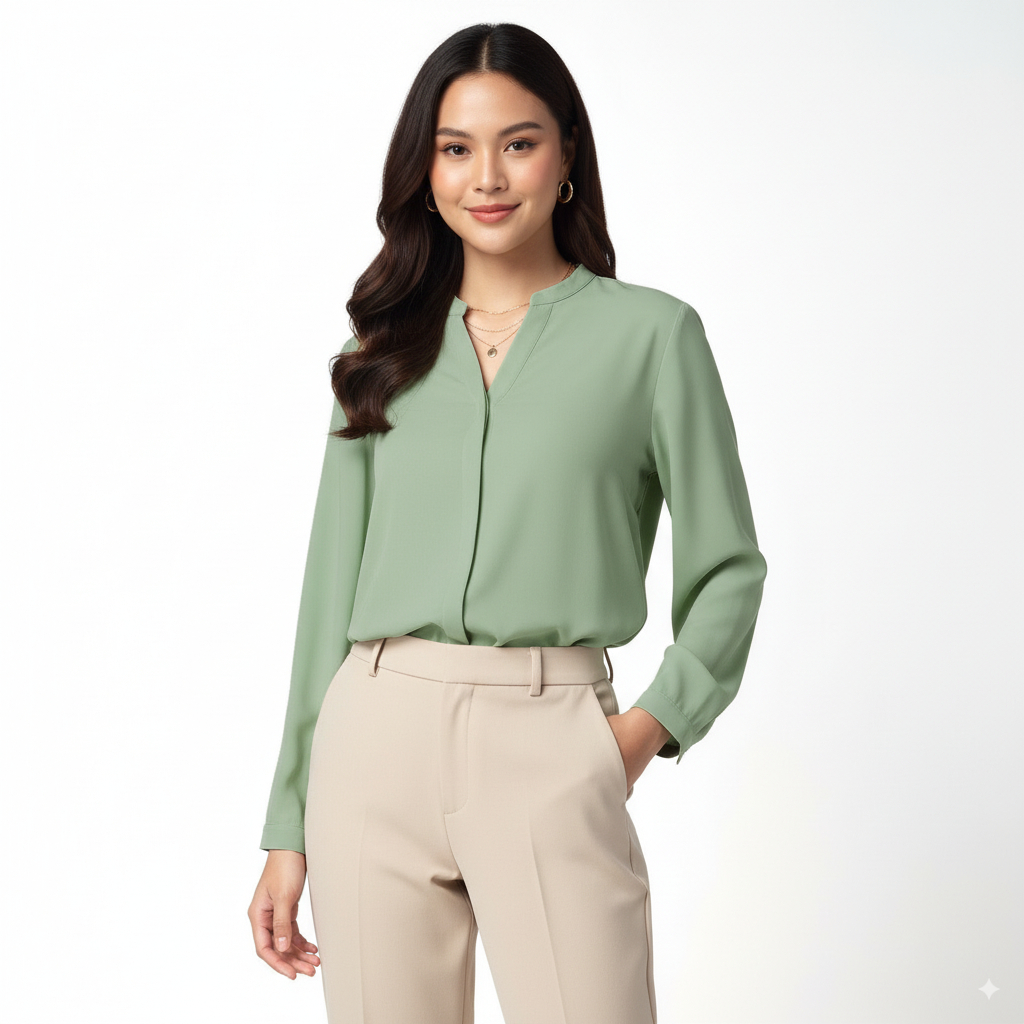 YENA Top – Kemeja Wanita Kerah Shanghai Lengan Panjang Warna Sage Green Elegan & Casual