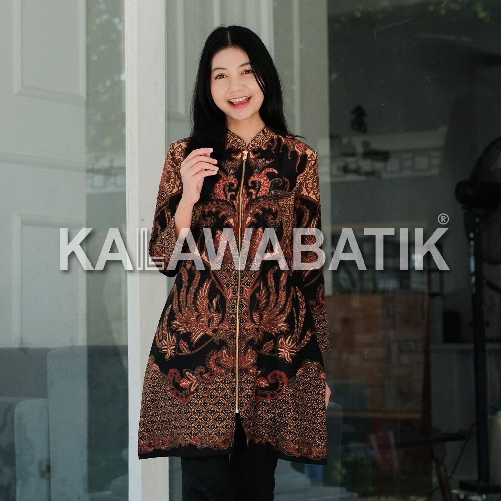 KALAWABATIK-Tunik Wanita-Motif Antasena Warna Hitam Kombinasi Coklat