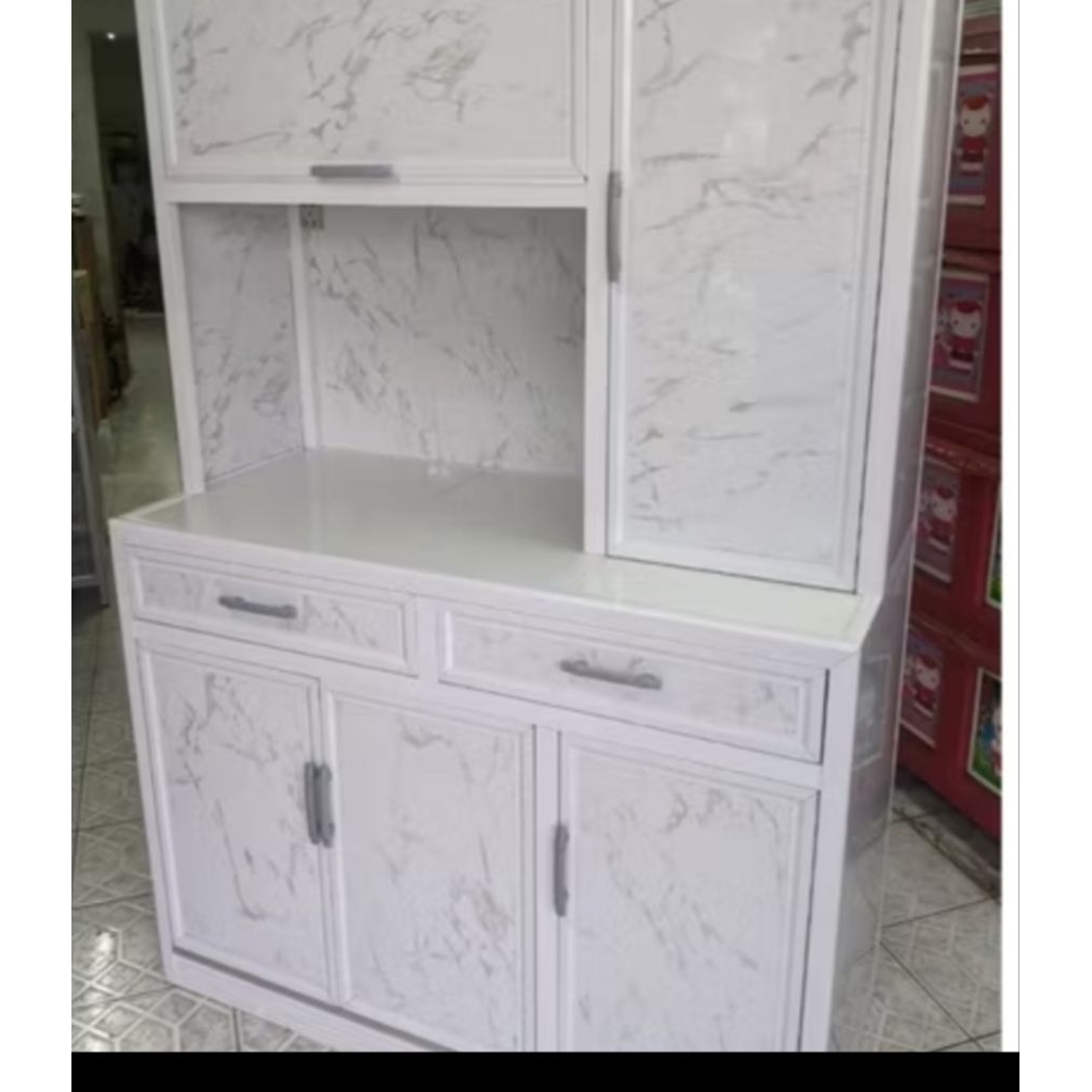 rak piring kaca aluminium 6 pintu / rak piring alumunium kaca murah / rak kompor piring keramik