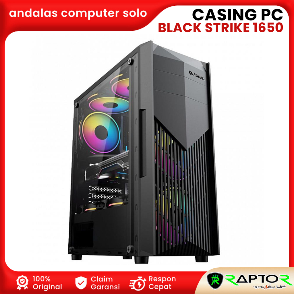 CASING CASE PC GAMING GAME RAPTOR BLACK STRIKE 1650 FREE 2 FAN CASE GAMING 3 POWER UP