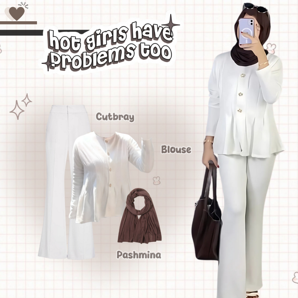 Outfit Set OOTD Hijab Wanita Kekinian ( Blouse + Cutbray + Pashmina ) One Set Korea White Brown Hits