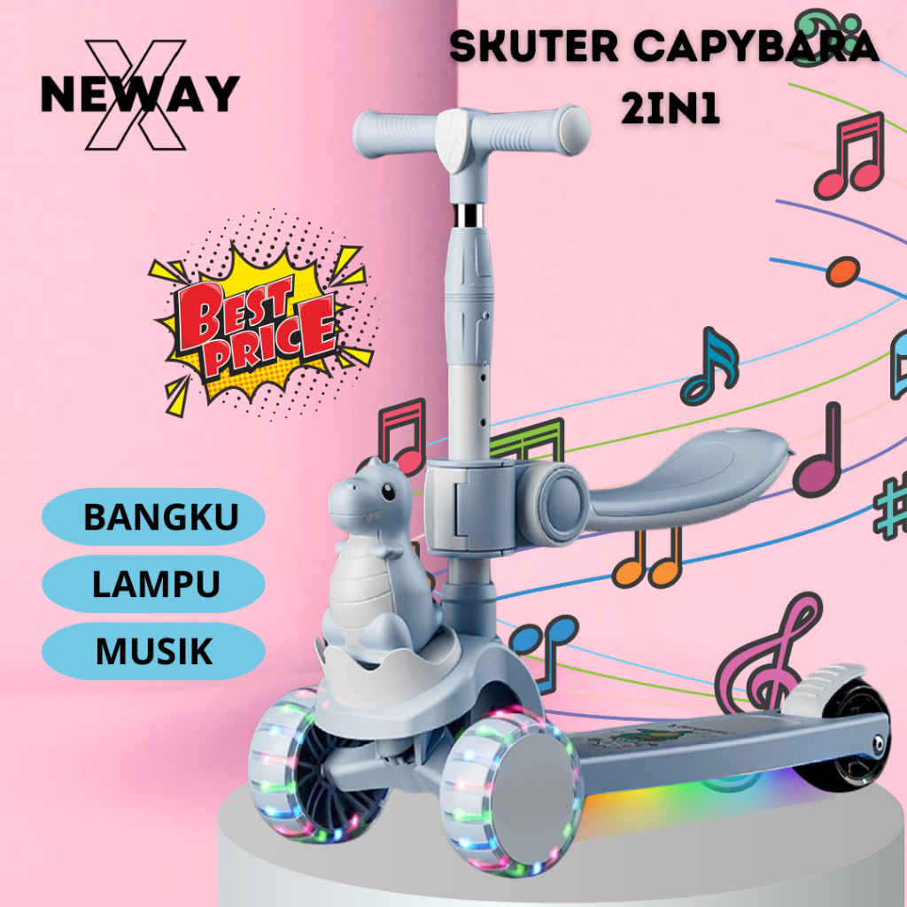 NewayX Skuter Mainan Anak Kapibara 2 in 1 Scooter Lipat 2in1 Capybara Bangku Roda 3 Musik Lampu Toys