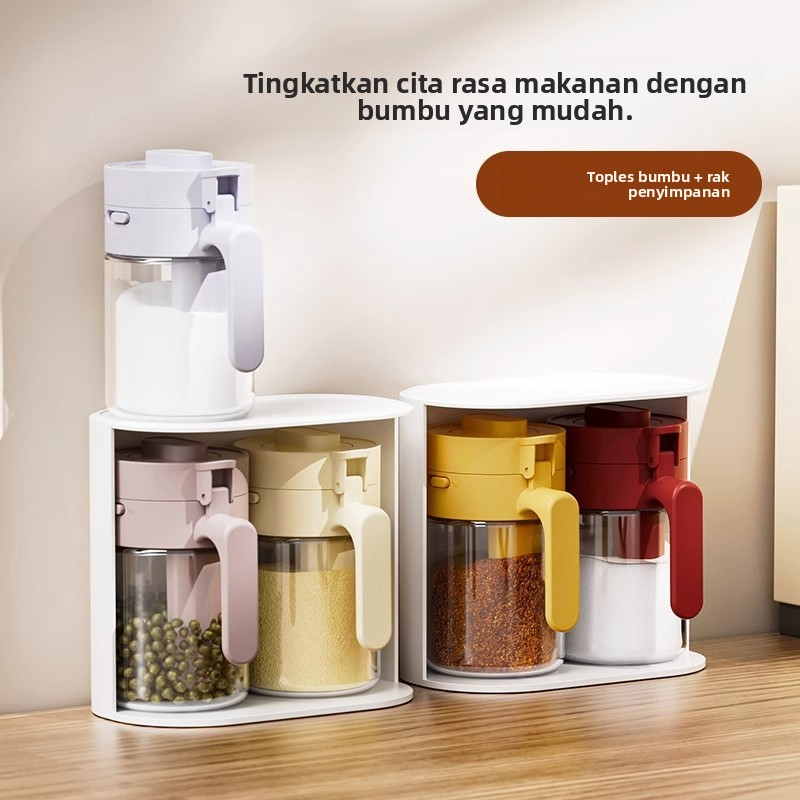 Kotak bumbu multifungsi, toples bumbu dengan sendok, toples bumbu kaca transparan, kotak bumbu, wada