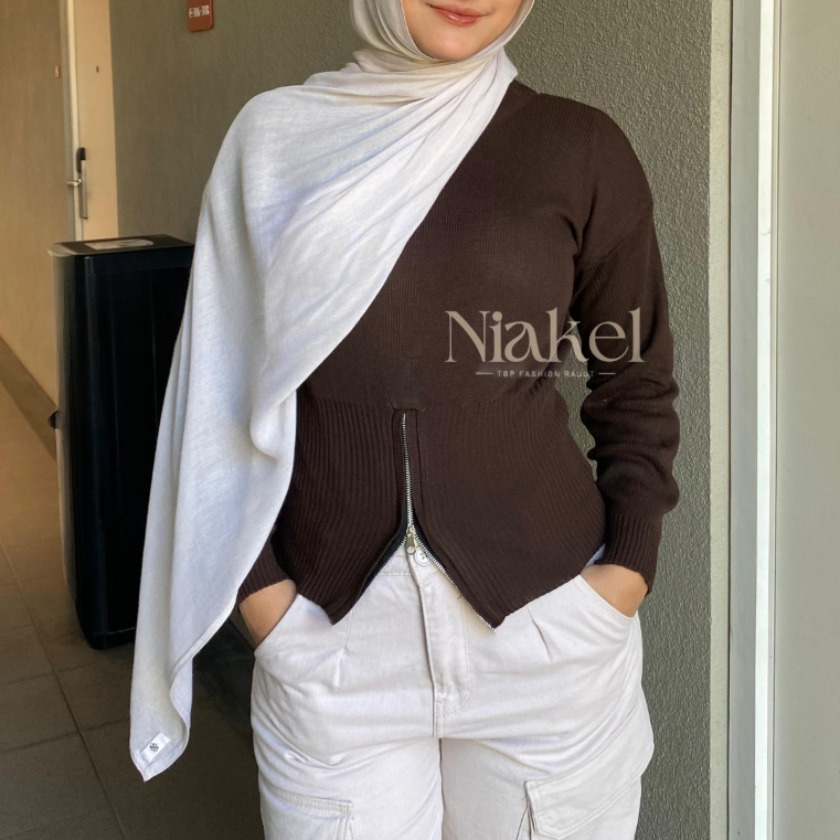 Niakel | Sweater Rajut Resleting /zipper Bawah | Atasan Rajut Wanita | Sweater Blouse Rajut Wanita