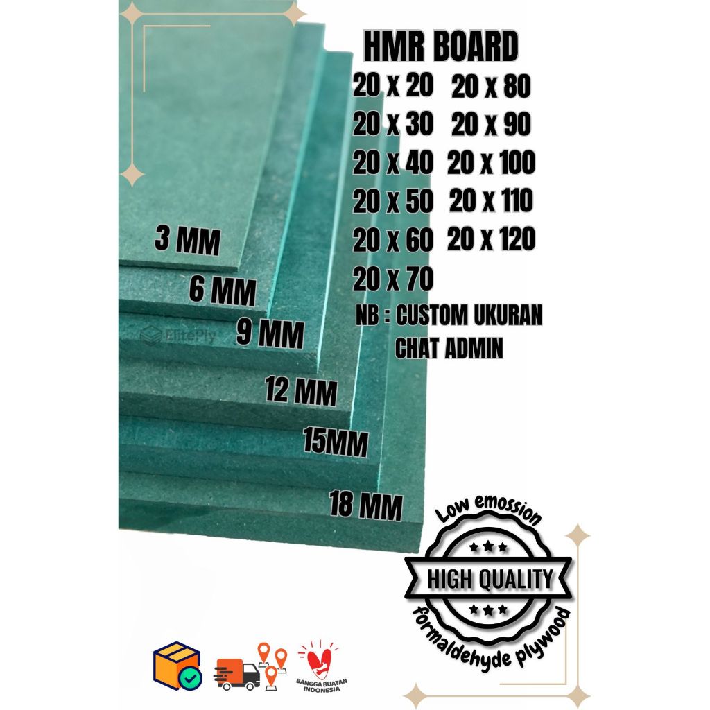 Papan MDF / HMR BOARD custom warna hijau 9mm lebar 20 cm