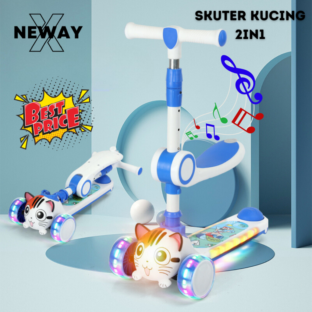 NewayX Skuter Mainan Anak Kucing 2 in 1 Scooter Lipat 2in1 Duduk Roda Tiga Musik Lampu Harimau