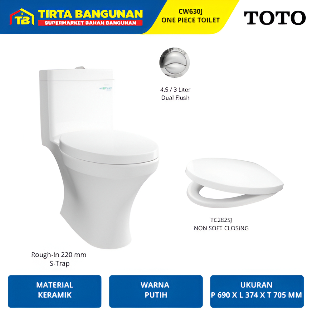 TOTO CW630J CLOSET KLOSET WC TOILET DUDUK ONE PIECE TOILET S-TRAP AS 220MM PUTIH
