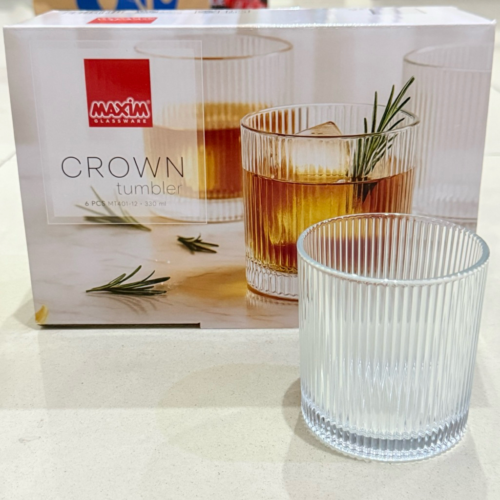 Satu Set Gelas Kaca Garis Cantik Mewah Crown Maxim isi 6 330ml