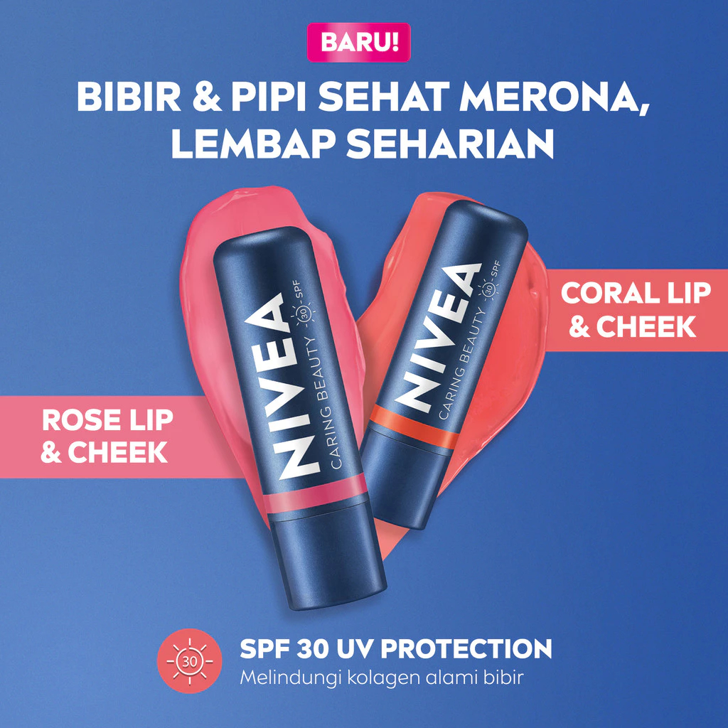 NIVEA Caring Lip Balm 4.8Gr || Strawberry Shine || Original || Rose || Nude || 24h Melt In Moisture 