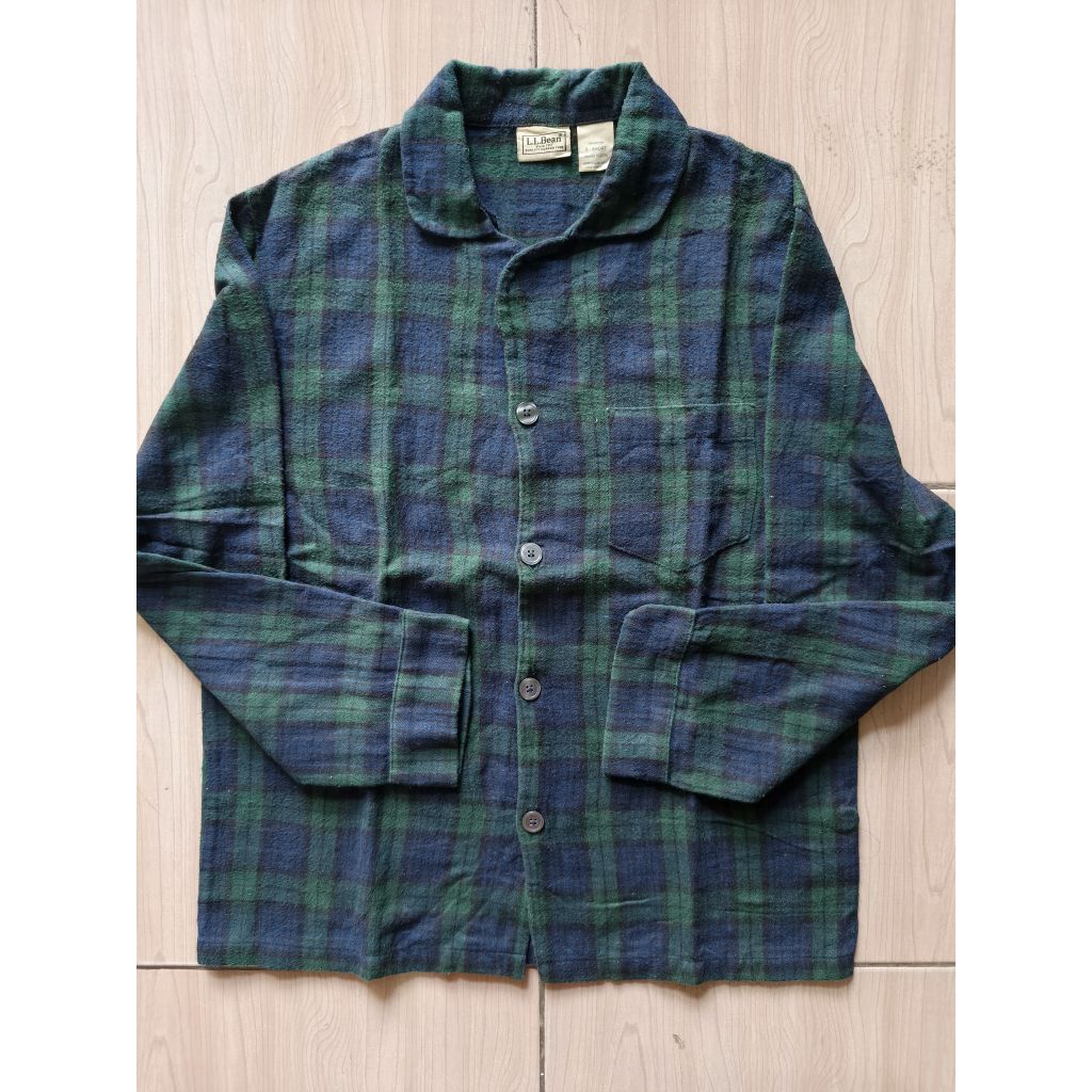 Kemeja Flanel Merek LL Bean Warna Hijau Navy 1 Pocket Size L Lengan Panjang