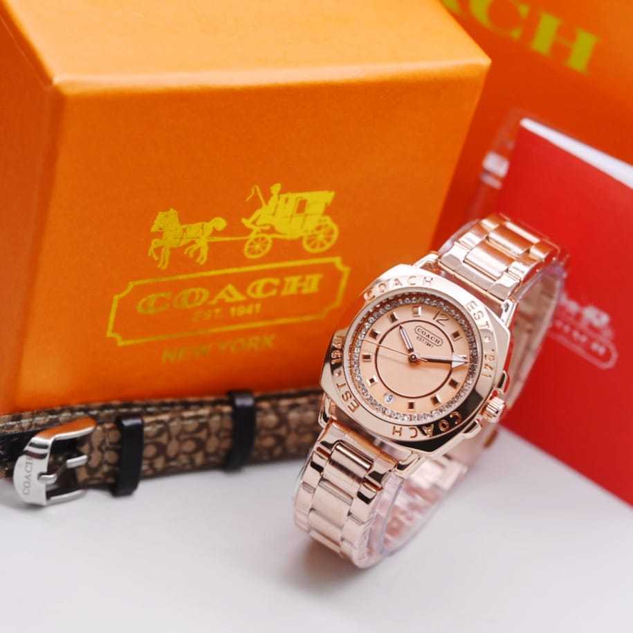 Jam Tangan wanita COACH Tanggal Aktif Full Set Fre  Tali Kulit Gh067
