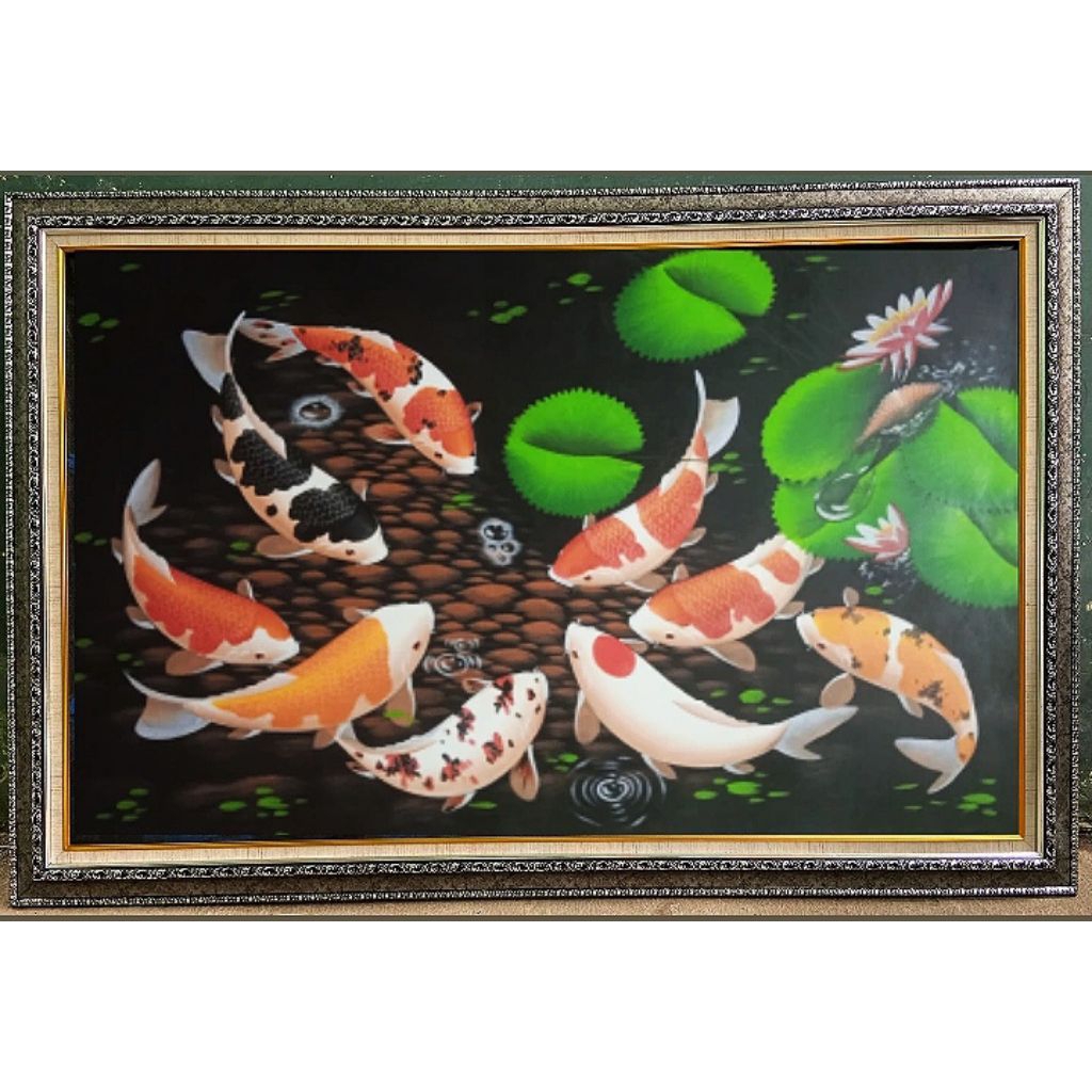 lukisan ikan koi asli buatan tangan sudah dengan bingkai pigura ukuran 135cm x 85cm