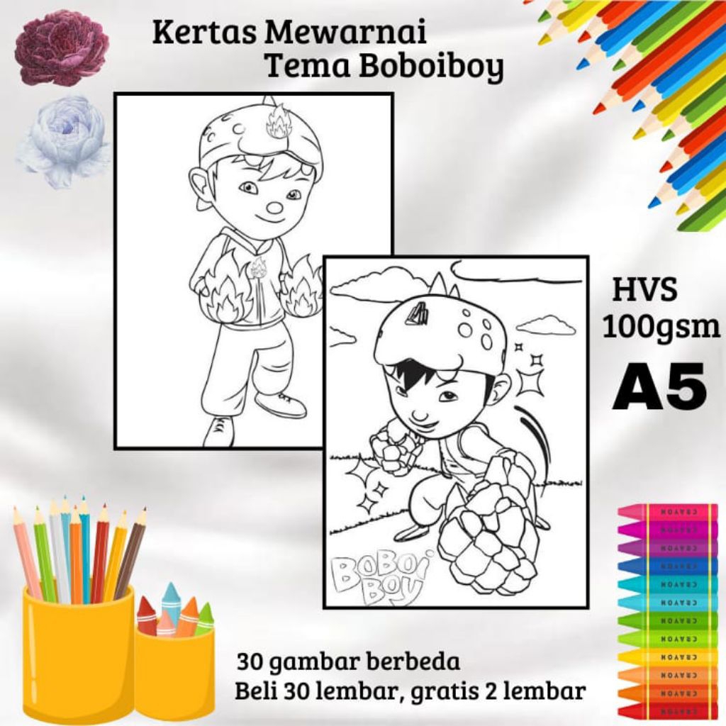 30 LEMBAR KERTAS GAMBAR MEWARNAI TEMA BOBOIBOY (READY LANGSUNG KIRIM)