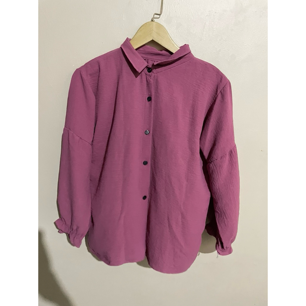 Prelove Kemeja Wanita Lengan Panjang Ungu Fuchsia Casual Kekinian